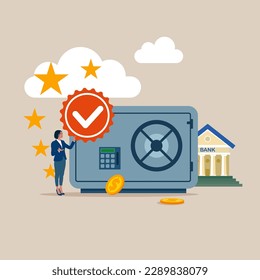 Quality Control and giving certified. The best bank safe. Concept of invest, banking, deposited, pension. Flat vector illustration