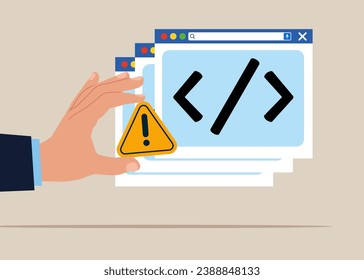 Quality Control and giving incident with exclamation attention sign. Worst software development, сode review with errors. Modern vector illustration in flat style