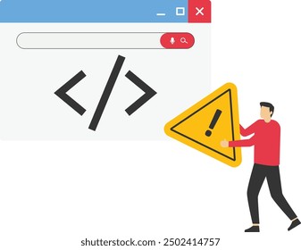 Quality Control and giving incident with exclamation attention sign. Worst software development, сode review with errors. Modern vector illustration in flat style

