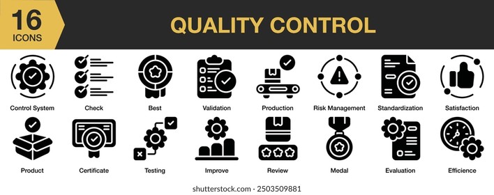 Conjunto de iconos de glifo de control de calidad. Incluye mejor, certificado, eficiencia, revisión, pruebas y más. Colección de Vector de iconos sólidos.