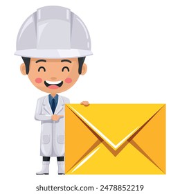 Supervisor feliz del control de calidad con el sobre de la carta para el email. Ingeniero de la industria alimentaria. Concepto de notificación y contacto. Jefe ingeniero de seguridad alimentaria. Seguridad en la producción y elaboración de alimentos