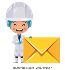 Qualitätskontrolle glücklicher Supervisor mit Briefumschlag für E-Mail. In: Food Industry Engineering. Konzept der Benachrichtigung und der Kontaktaufnahme. Chefingenieur für Lebensmittelsicherheit. Sicherheit in der Lebensmittelerzeugung und -verarbeitung