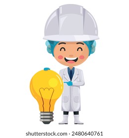 Quality control happy supervisor with a light bulb. Food industry engineer. Creative concept for the generation of ideas. Chief food safety engineer. Science, technology and safety in food production