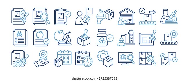 Symbolsammlung der Qualitätskontrolle. Enthaltend Design-Qualitätsprüfung, Prüfen, Genehmigt, Prüfen von Produkten, Barcode-Scanner
