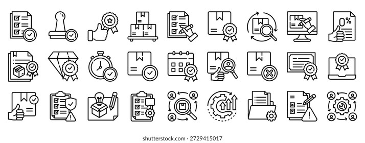 Quality Control icon collection. Containing design Defect Detection, Compliance Check, Control Chart, ISO Certification, Material Inspection	