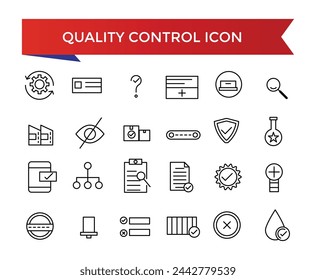 Icon-Sammlung Qualitätskontrolle: Bewertung, Produkt, Qualitätssicherung, Prozess, Tests und mehr. Linienvektorsymbole festgelegt.