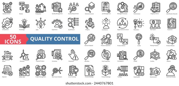 Quality control icon collection set. Containing review, production, management, requirement, elements control, job, processes icon. Simple line vector.