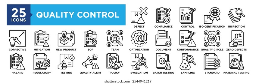 Quality Control icon collection set. Containing design Defect Detection, Compliance Check, Control Chart, ISO Certification, Material Inspection