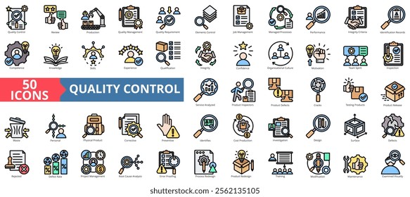 Quality control icon collection set. Containing review, production, management, requirement, elements control, job, processes icon. Simple flat outline vector illustration