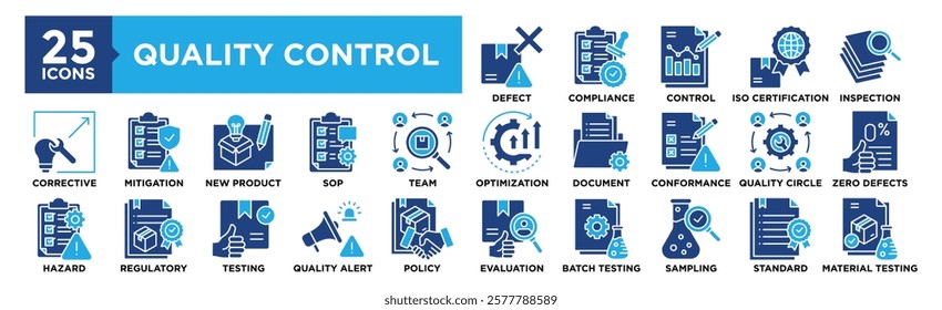 Quality Control icon collection set. Containing design Defect Detection, Compliance Check, Control Chart, ISO Certification, Material Inspection	