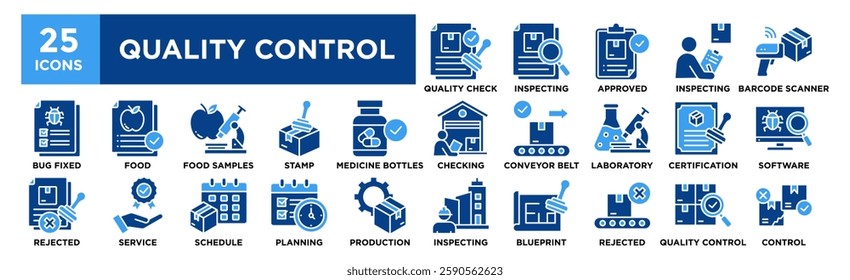 Quality Control icon collection set. Containing design Quality Check, Inspecting, Approved, Inspecting Products, Barcode Scanner