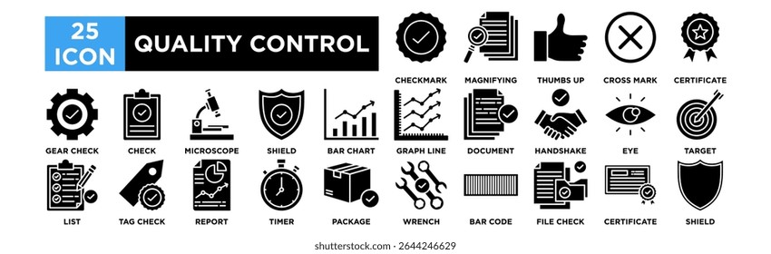 Conjunto de colección de icono de control de calidad. Insignia de marca de verificación, documento de lupa, pulgares hacia arriba, marca cruzada, cinta de certificado