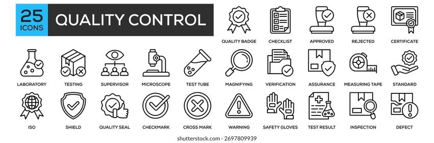 Conjunto de colección de icono de control de calidad. Diseño que contiene la insignia de calidad, lista de verificación de inspección, sello aprobado, sello rechazado, certificado de calidad