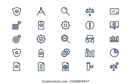 Quality control icon depicting inspection, standard assurance, and precision process in outline style