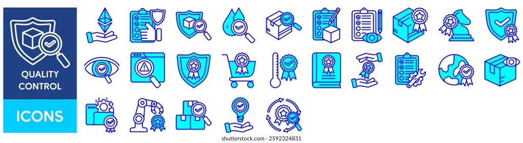 Quality Control icon pack collection set with premium, assurance, quality aassurance, water quality, package, inspection, quality product, strategy