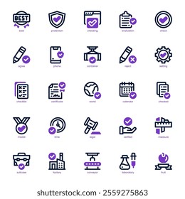 Quality Control icon pack for your website, mobile, presentation, and logo design. Quality Control icon dual tone design. Vector graphics illustration and editable stroke.