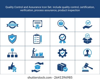 Quality Control Icon Set. Certification icons. include quality control, assurance, verification,
process assurance, product inspection. checkmarks, seals, and packaging. flat icons, solid icons