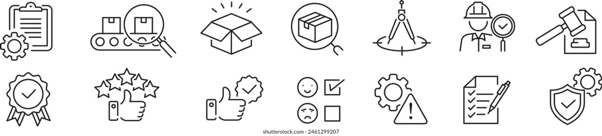 Quality control icon set. check auditin quality assurance testing evaluation spection product process. Editable stroke vector icons collection illustration.