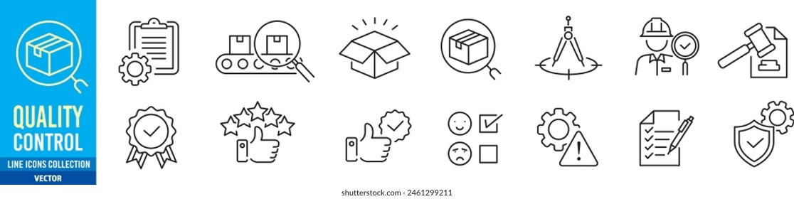 Quality control icon set. check auditin quality assurance testing evaluation spection product process. Editable stroke vector icons collection illustration.