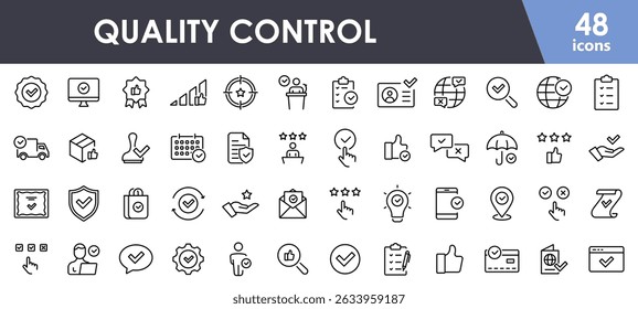 Quality control icon set. Checkmark, quality product, approved, five stars, tested, certified icon and more. Vector set