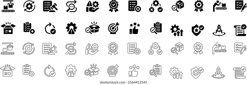 Quality control icon set. Containing inspection, evaluation, product, quality assurance, process, testing. vector illustration