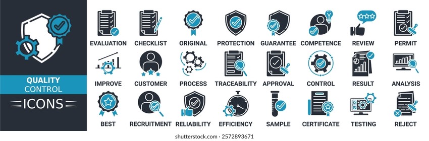 Quality control icon set. Containing evaluation, checklist, original, protection, guarantee, competence, review, permit and more. Solid vector icons collection