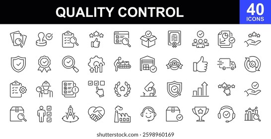 Quality control icon set. Containing inspection, evaluation, checklist, analysis, product, quality assurance, reward, bad quality, settings, customer review, process, testing and more
