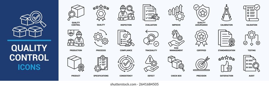 Quality control icon set. Containing inspection, evaluation, product, quality assurance, process, testing and more. Solid vector icons collection.
