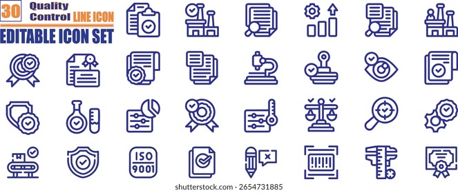 Conjunto de ícones de controle de qualidade. Contendo inspeção, avaliação, produto, garantia de qualidade, processo, testes e muito mais.