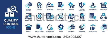 Quality control icon set. Containing inspection, evaluation, product, quality assurance, process, testing and more. Solid vector icons collection.