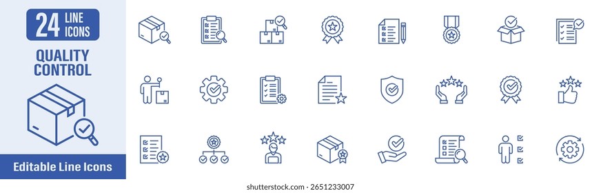 Quality Control icon set. Contains icons as evaluation, inspection, product, quality, control, test and more. Vector illustration.