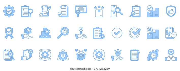 Symbolsatz für Qualitätskontrolle. Enthält Symbole, die für das Unternehmen relevant sind. Konzipiert in Vektor linear blau Stil