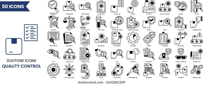 Symbol für Qualitätskontrolle im Duotonstil festgelegt. Enthalten Bewertung, Inspektion, Produkt, Qualität, Prozess, Prüfung und mehr. Vektorgrafik
