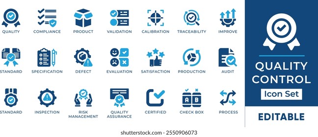 Conjunto de iconos de control de calidad. Cuenta con iconos editables para símbolos de garantía de calidad, inspección, estándares, cumplimiento y más. Perfecto para la fabricación, industrial y diseños de negocios.