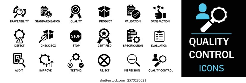 Quality control icon set. Featuring detailed illustrations of inspection, evaluation, product, quality assurance, process, testing and more. A well organized collection of adaptable solid vector icons