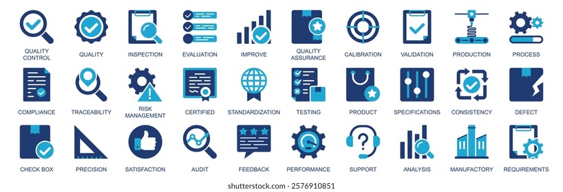 Quality control icon set in flat duotone solid icons web design. Pack pictograms with inspection, evaluation, assurance, calibration, validation, production, audit, defect, other. Vector illustration.