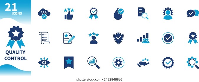Quality control icon. Set of icons for evaluation, testing, settings, check marks,...
