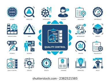 Quality Control icon set. Improvement, Evaluation, Feedback, Process, Standard, Analysis, Support, Performance. Duotone color solid icons