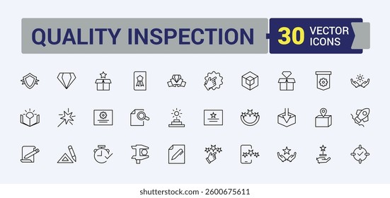 Quality control icon set. Includes thin line approve, inspect, control, certificate, checklist, standard. Minimalist editable vector stroke. Certification modern icon. Editable vector illustration.