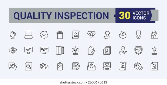 Quality control icon set. Includes thin line approve, inspect, control, certificate, checklist, standard. Minimalist editable vector stroke. Certification modern icon. Editable vector illustration.