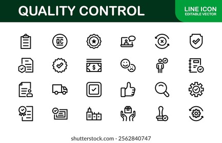 Quality Control Icon Set - Minimal, Modern, and Versatile Line Art Illustrations for Business, Manufacturing, and Product Assurance Needs