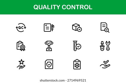 Conjunto de Ícones de Controle de Qualidade - Ilustrações Mínimas, Modernas e Versáteis de Line-Art para Necessidades de Negócios, Fabricação e Garantia do Produto