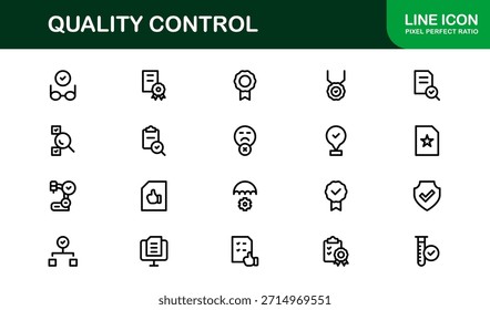 Conjunto de iconos de control de calidad: Ilustraciones de arte de línea mínimas, modernas y versátiles para las necesidades de negocios, fabricación y garantía de Producto
