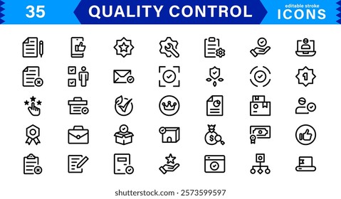 Quality Control Icon Set. Minimalist Vector Illustrations for Manufacturing, Inspection, and Standards