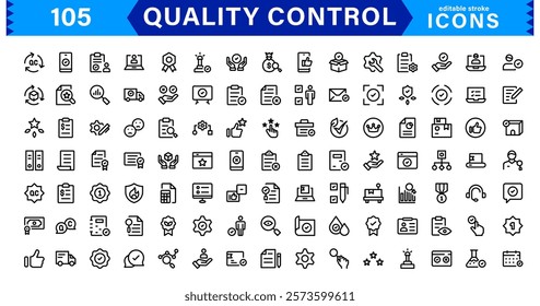 Quality Control Icon Set. Minimalist Vector Illustrations for Manufacturing, Inspection, and Standards