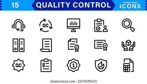 Quality Control Icon Set. Minimalist Vector Illustrations for Manufacturing, Inspection, and Standards