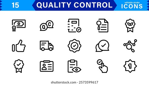 Quality Control Icon Set. Minimalist Vector Illustrations for Manufacturing, Inspection, and Standards