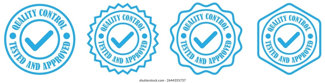 Quality control icon set on white background. quality control round stamp. Quality control badge label design. Certified tested approved icon stamp. Quality check icon in round shape. Vector