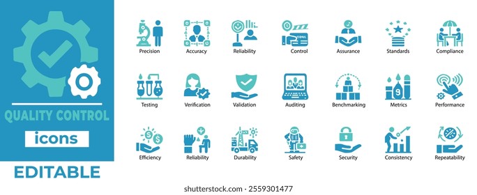  Editable Quality Control Icon Set: Precision, Testing, Auditing, Metrics, and Compliance Perfect for QA Projects