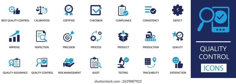 Symbolsatz für Qualitätskontrolle. Professionelle Vektorsymbole für Produktprüfung, Compliance, Tests und Prozessverbesserung. Perfekt für Business-, Management- und Qualitätssicherungsdesigns.
